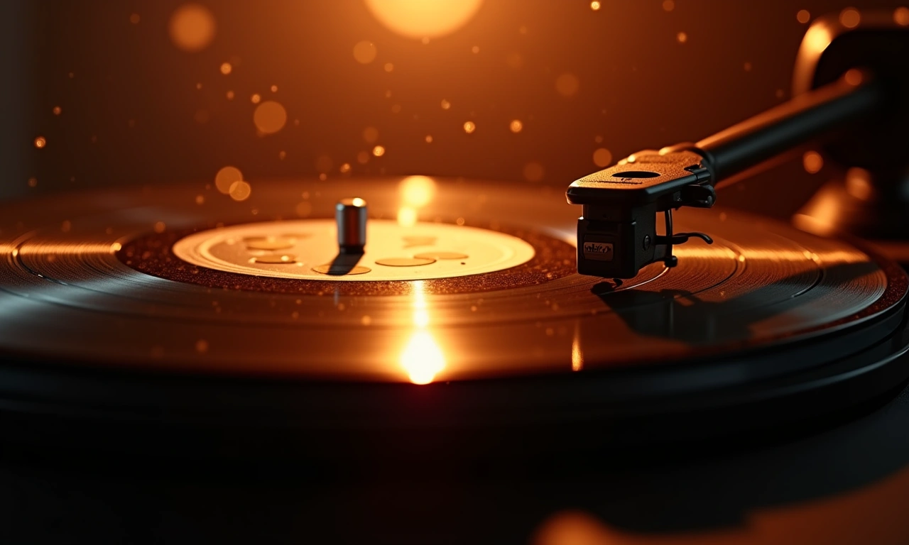 Close-up of a vintage vinyl record spinning on a turntable, bathed in warm, inviting light, with gentle dust particles floating in the air., photorealistic, 8k, highly detailed, cinematic lighting