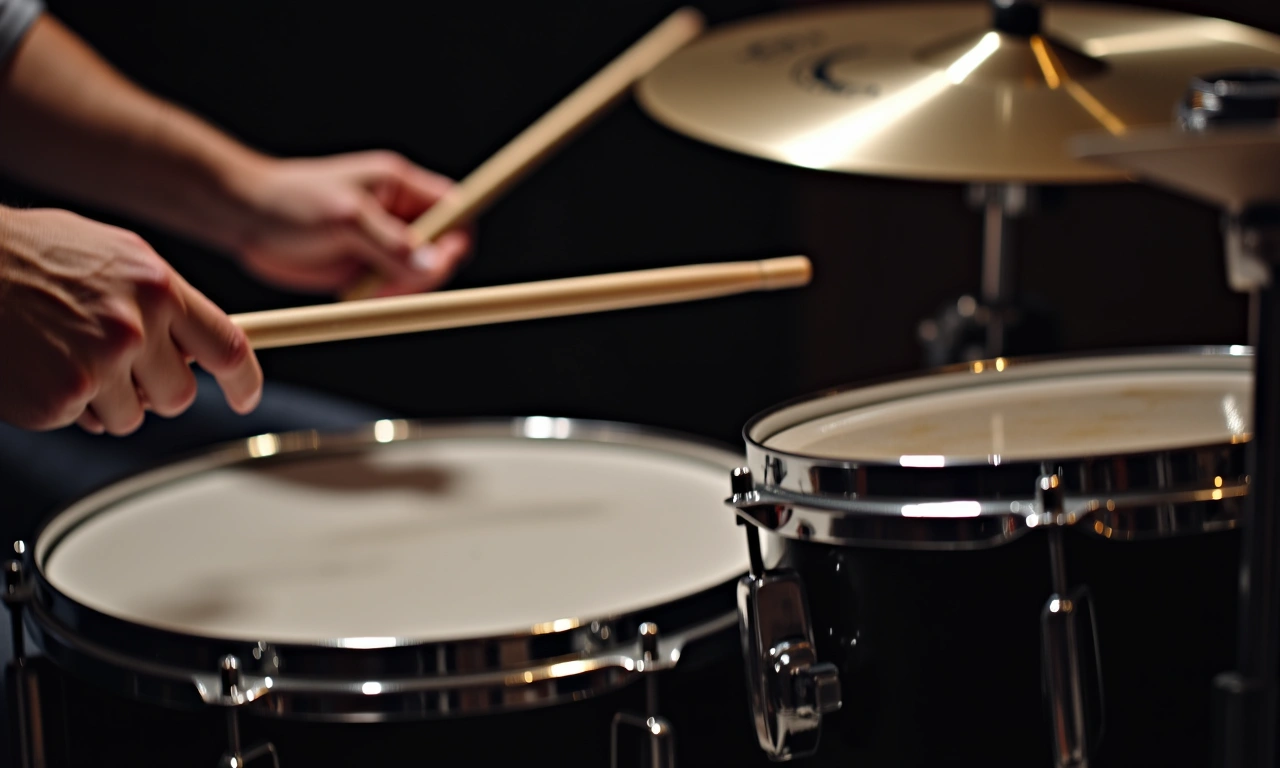 Close-up of hands playing a drum set, focusing on the motion and impact of the drumsticks on the cymbals and snare drum, with a shallow depth of field., photorealistic, 8k, highly detailed, cinematic lighting
