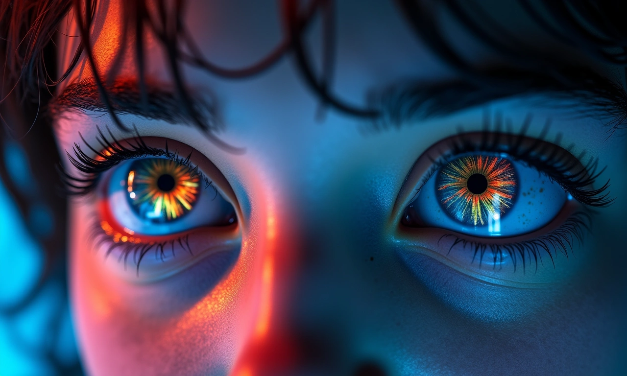 A pair of eyes staring intently at a brightly lit screen, the reflection of colorful and chaotic imagery visible in the pupils., photorealistic, 8k, highly detailed, cinematic lighting