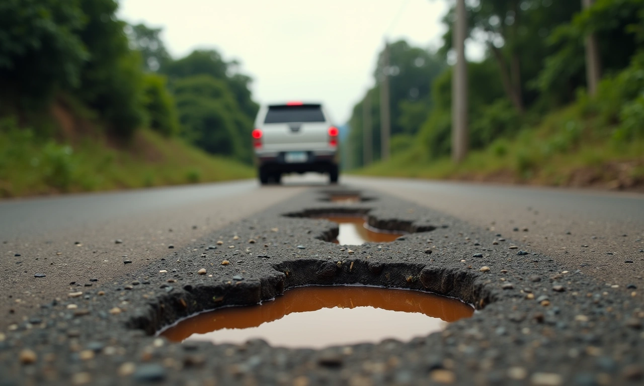 A pothole-filled road in a rural Haitian setting, with a blurred vehicle in the background, conveying the challenges of transportation., photorealistic, 8k, highly detailed, cinematic lighting