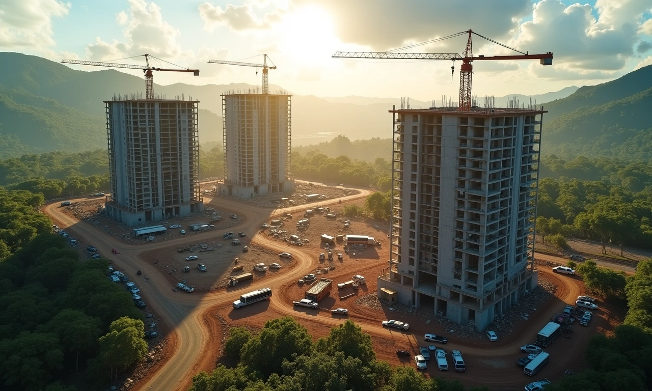 Photorealistic aerial view of a construction site in Haiti, focusing on new buildings rising amidst the landscape, with construction equipment visible but no people., photorealistic, 8k, highly detailed, cinematic lighting