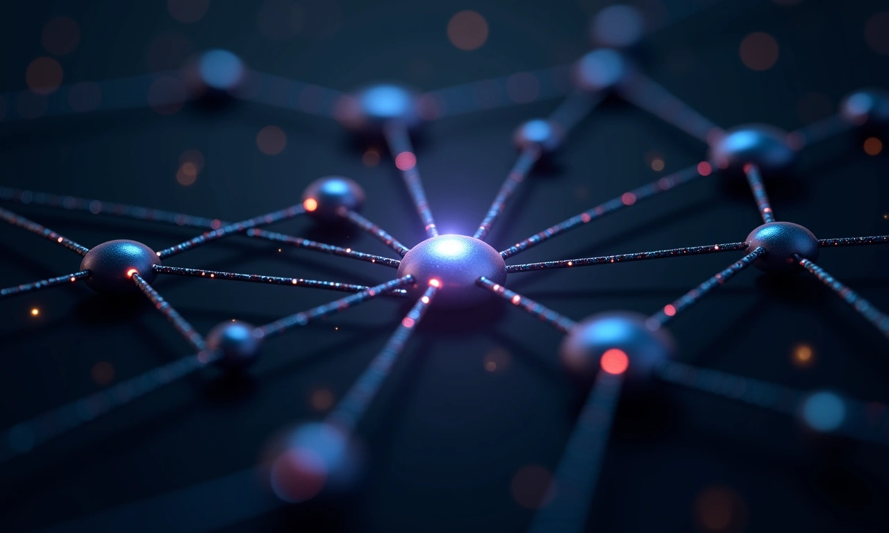 A network of interconnected nodes representing information, with a central node glowing brightly, symbolizing optimized AI search visibility., photorealistic, 8k, highly detailed, cinematic lighting