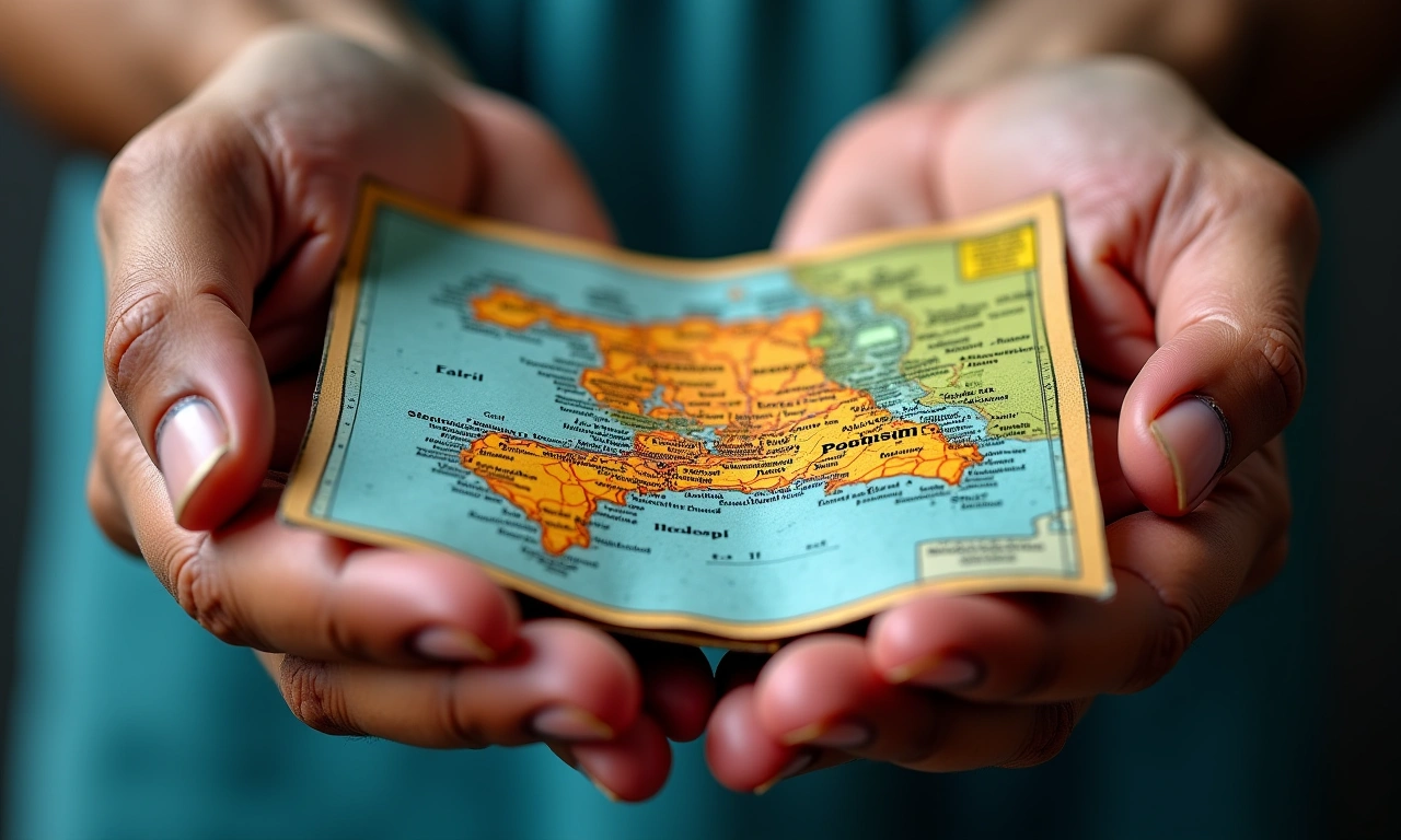 Close-up of hands holding a worn map of Port-au-Prince, emphasizing the city's vibrant colors and historical significance., photorealistic, 8k, highly detailed, cinematic lighting